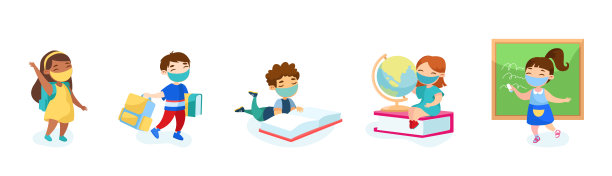 新冠肺炎大流行期间的返校教育。学生在黑板上画医用口罩中的儿童角色图片下载