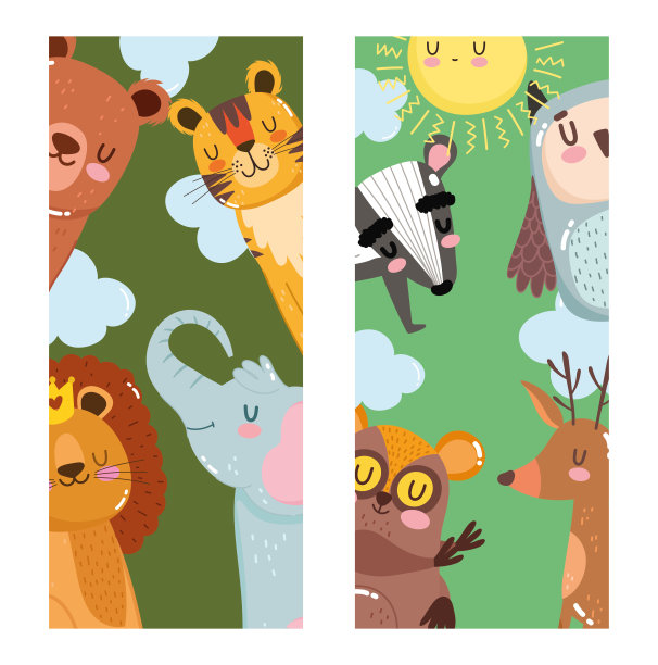 可爱的狮子老虎鹿大象熊猴子猫头鹰动物自然野生卡通横幅图片下载