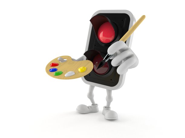 手持画笔和调色板的红色交通灯字符图片下载