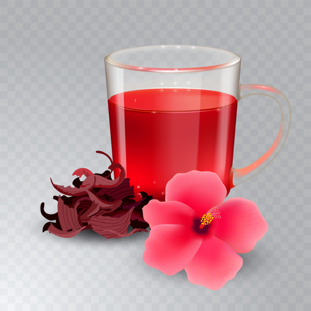 木槿茶在一个玻璃杯和花孤立在一个透明的背景。干洛神葵茶。现实的矢量图。图片下载