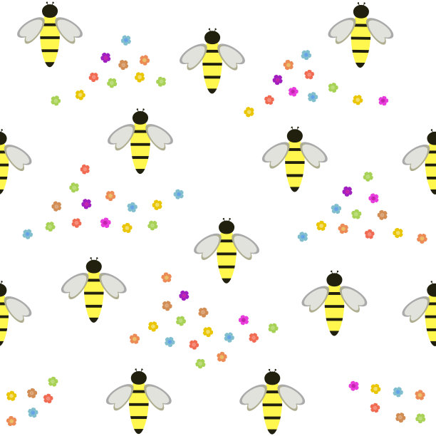 蜜蜂和花朵的彩色无缝图案和矢量图片下载