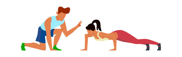 体操运动员在健身房与指导员锻炼，女孩在健身私人教练的运动服俯卧撑锻炼，体育活动和健康的生活方式卡通平面矢量插图图片下载