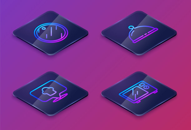 设置等距线切菜板，厨师帽与位置，盖托盘的食物和微波炉。蓝色方框按钮。向量图片下载