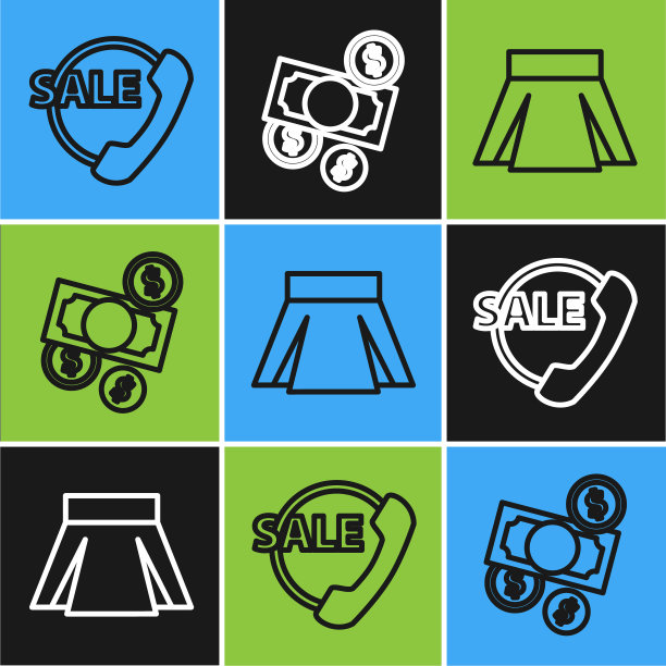 设置热线电话24小时支持，裙装和金钱现金和硬币图标。向量图片下载