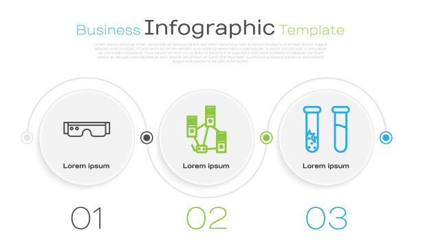 生产智能眼镜、电脑网络、试管、烧瓶等系列产品。业务信息模板。向量图片下载