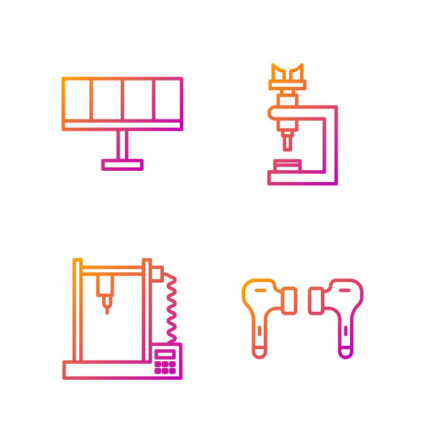 设置空气耳机，3D打印机，太阳能电池板和显微镜。渐变颜色图标。向量图片下载