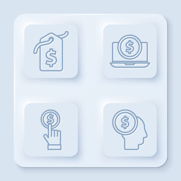 设定线价格标签与美元，笔记本电脑与美元，手握硬币和商人计划的头脑。白色正方形按钮。向量图片下载