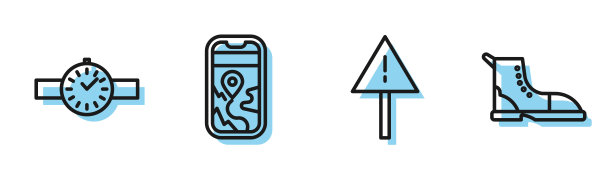 设置直线感叹号三角形，手表，城市地图导航和徒步靴图标。向量图片下载