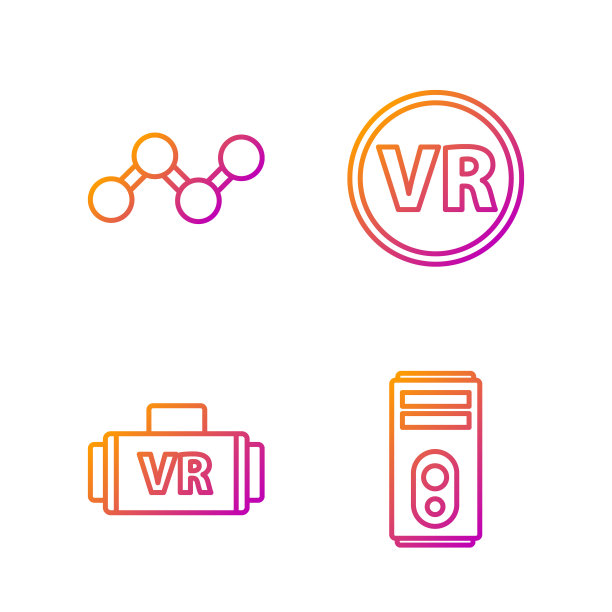 设行电脑、虚拟现实眼镜、共享和虚拟现实眼镜。渐变颜色图标。向量图片下载
