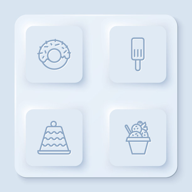 摆好甜甜圈，冰淇淋，蛋糕和碗。白色正方形按钮。向量图片下载