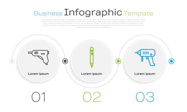电热胶枪，带橡皮的铅笔，电钻。业务信息模板。向量图片下载