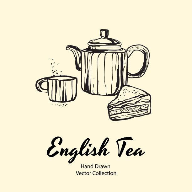 茶壶，杯子和馅饼填充黑色线手绘矢量插图在咖啡馆菜单，标志，旗帜，剥皮者的旧风格图片下载