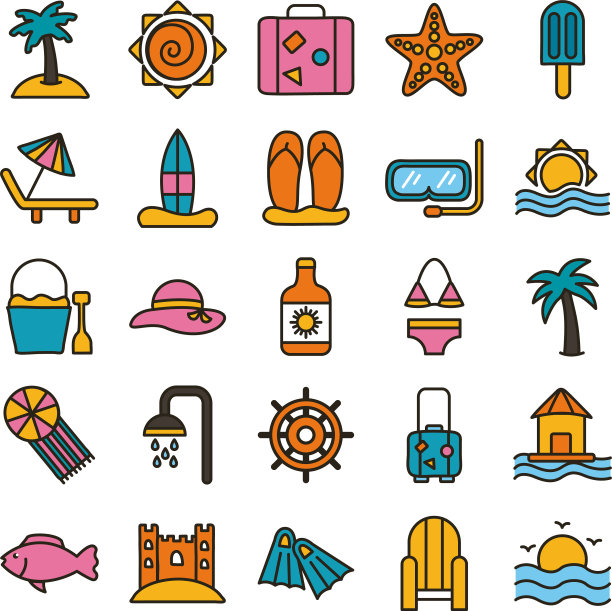 捆绑海滩设置线和填充图标图片下载