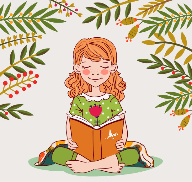 可爱的女孩在花园里看书。自然景观背景。暑假插图。休假时间图片下载