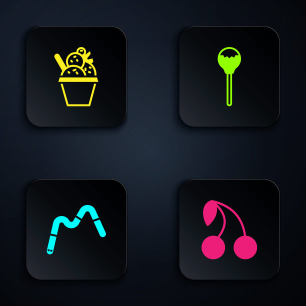 设置樱桃，冰淇淋碗，果冻虫糖和棒棒糖。黑色方形按钮。向量图片下载