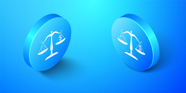 等距刻度称金钱和时间图标隔离在蓝色背景。有小时和硬币的天平。平衡工作和既定时间。蓝色圆按钮。向量图片下载