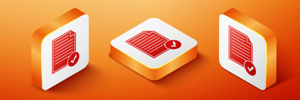 等距文档和检查标记图标隔离在橙色背景上。清单图标。经营理念。橙色方形按钮。向量图片下载