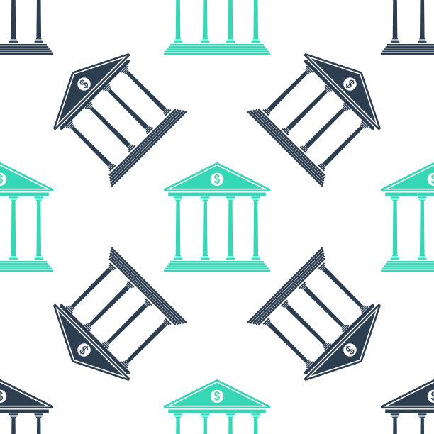 绿色银行建筑图标隔离无缝模式在白色背景上。向量图片下载