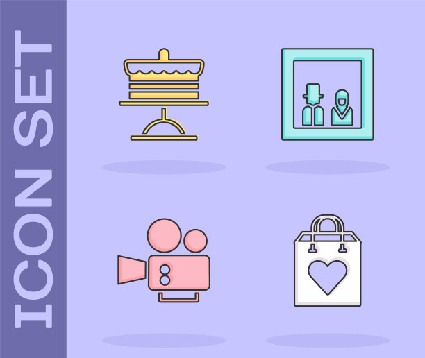 购物袋与心，蛋糕在盘子上，电影相机和家庭照片图标。向量图片下载