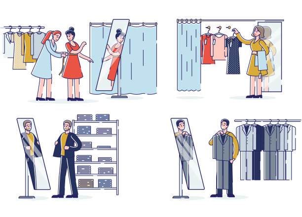人们在时尚精品店试穿衣服。卡通男、女顾客选择新装图片下载