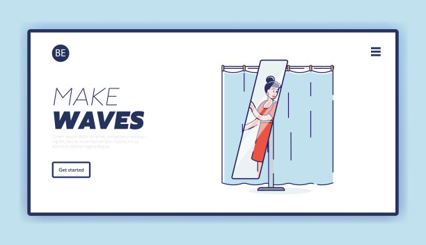 女人在时尚精品店试衣间里试着穿新衣服照镜子。着陆页模板图片下载