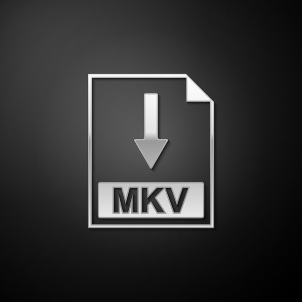 银色MKV文件文档图标。黑色背景上孤立的下载MKV按钮图标。长阴影样式。矢量图片下载