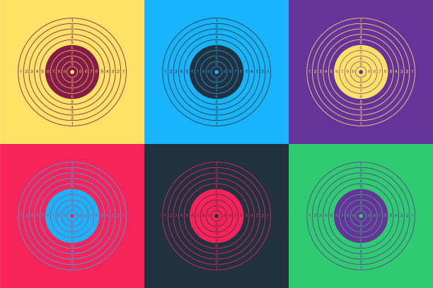 波普艺术目标体育拍摄竞赛图标孤立在彩色背景上。射击靶场或手枪射击的干净目标。向量图片下载