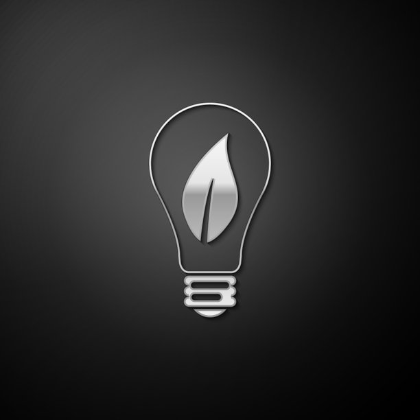 银色灯泡与叶子图标孤立在黑色背景。生态能源的概念。长长的阴影风格。向量图片下载