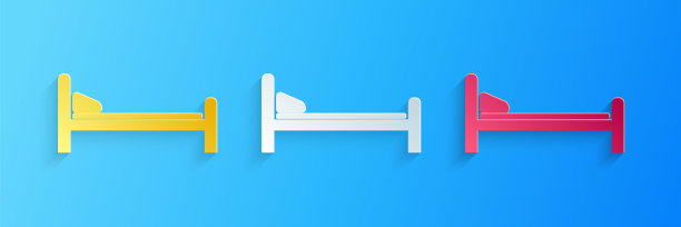 剪纸医院病床图标孤立在蓝色背景。纸艺术风格。向量图片下载