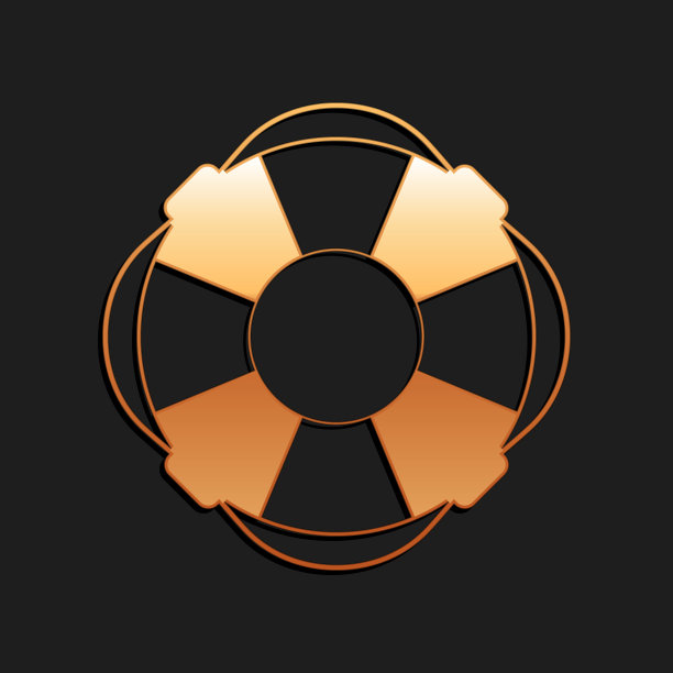 金色救生圈图标孤立在黑色背景。救生圈的象征。长长的阴影风格。向量图片下载