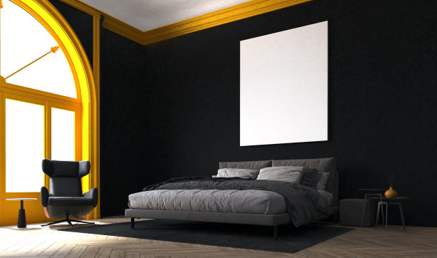 现代阁楼卧室设计和黑色墙壁纹理背景图片下载
