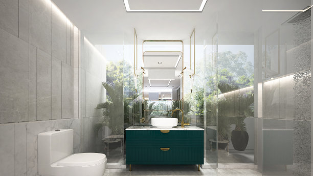 现代豪华室内设计，美丽的浴室和花园景观背景图片下载