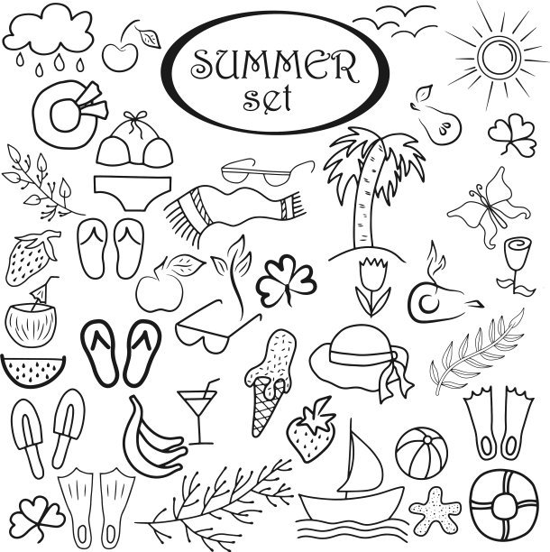 夏日涂鸦集孤立轮廓手绘图片下载
