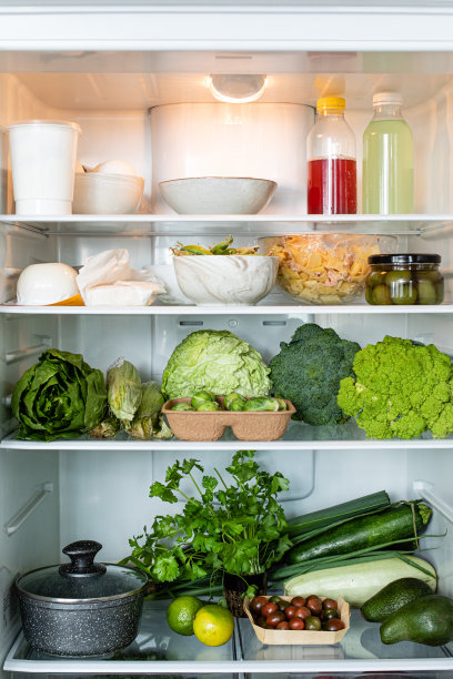 有绿色蔬菜的现代冰箱。健康新鲜的营养。健康的饮食和生活方式图片下载