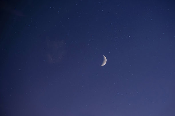 夜景，深蓝色星空，在无云的天气观赏明月(新月)图片下载