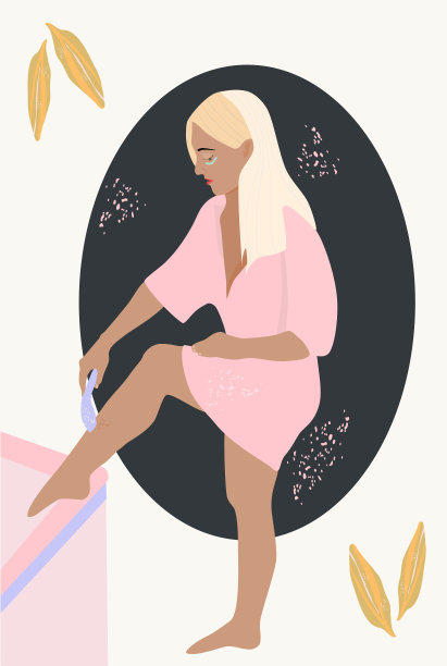 年轻女子在浴室里刮腿毛。有眼罩的女性角色，穿着可爱的粉红色晨衣。图片下载