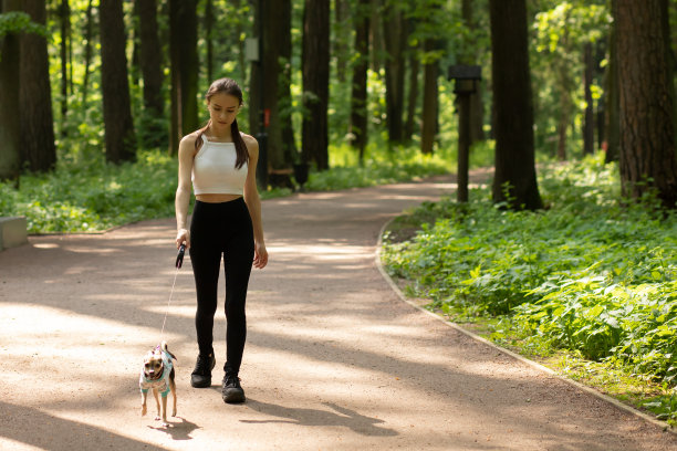 宠物健康女孩在公园遛狗图片下载