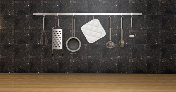 黑色花岗岩优雅的厨房墙壁上的炊具，烹饪和烹饪的概念图像，3d插图。图片下载
