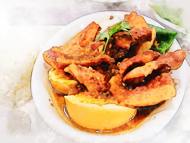 抽象化色彩丰富的午餐食物以水彩插画为背景。图片下载