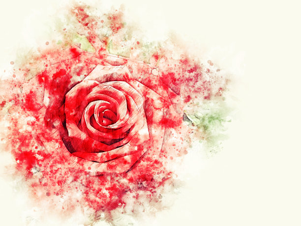 抽象五彩形状上的红玫瑰花水彩插画背景。图片下载