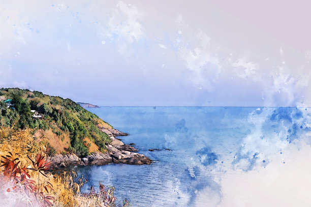 抽象彩色山峰和海水在水彩插画背景上。图片下载