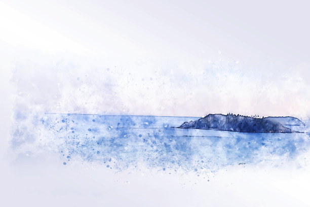 抽象彩色山峰和海水在水彩插画背景上。图片下载