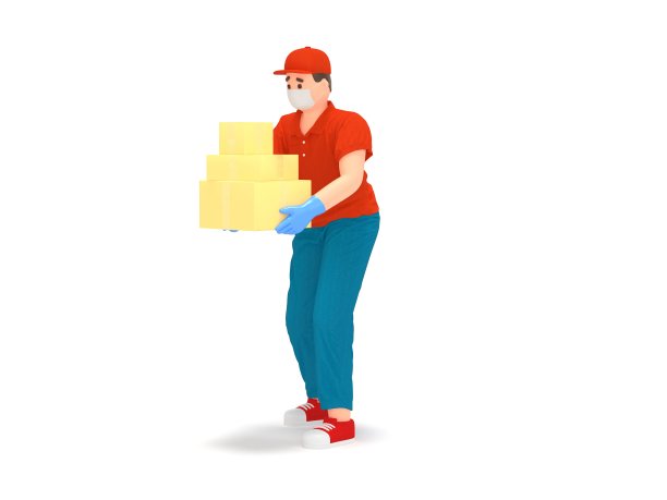 3D快递员戴着防护面具和盒子图片下载