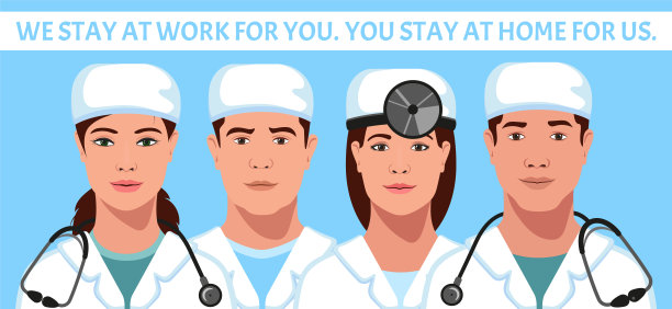 医生团队口号:我们为您留下来工作。为了我们，你呆在家里。医疗信息的海报。冠状病毒大流行防护集。图片下载