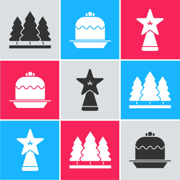 设置圣诞树蛋糕和圣诞明星图标图片下载