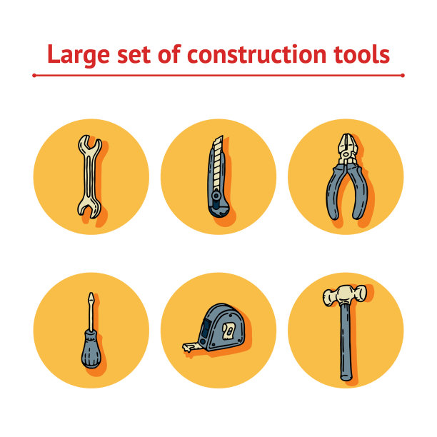 工作和劳工手绘的蓝色和黄色一套施工工具，螺丝刀，办公刀，扳手，锤子，卷尺和钳子图片下载