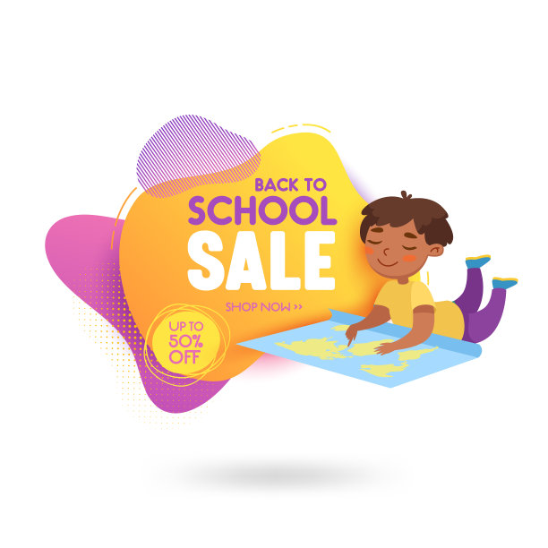 带可爱卡通学生学习地图的返校促销横幅。快乐小学生学习，学习用品折扣图片下载