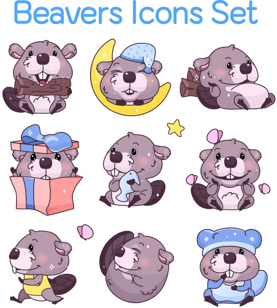可爱的海狸卡哇伊卡通人物图标集图片下载