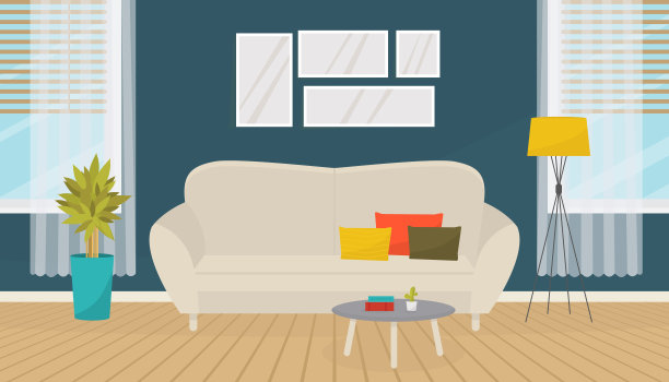 现代客厅内饰有家具。沙发，墙上的图画，室内植物，落地灯和咖啡桌。舒适的公寓。平面向量的设计。图片下载