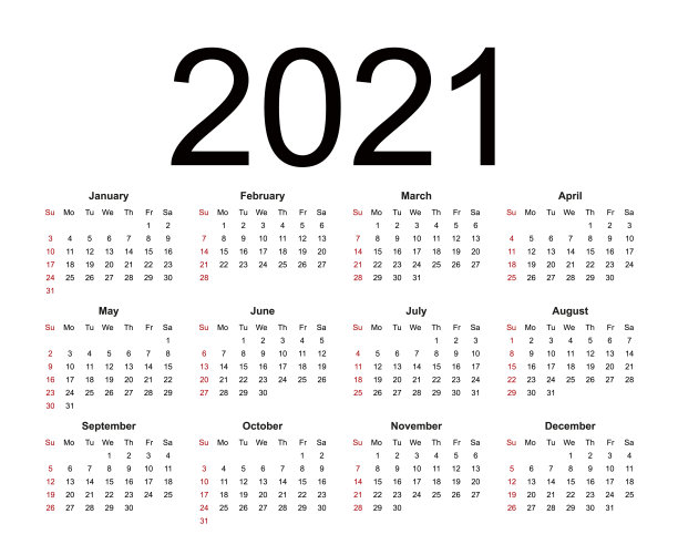 2021年日历。周从周日开始，业务模板。图片下载